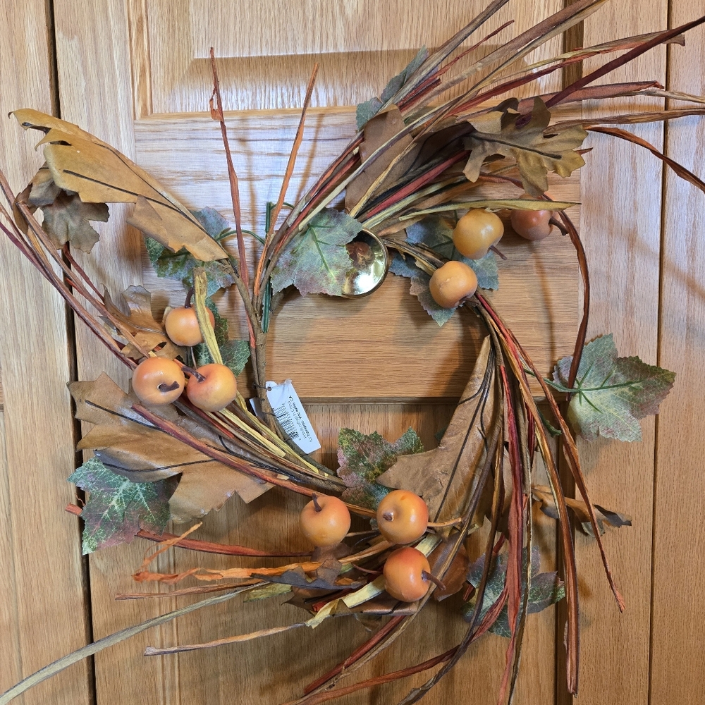 New Fall Faux Leaf Wreath Crabapples Vines Reeds
